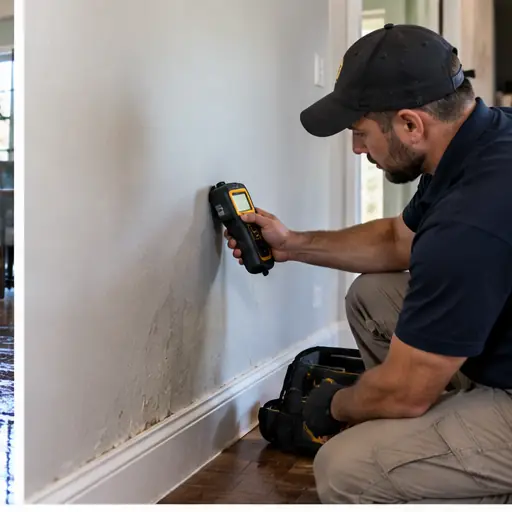Restoration technician checking a wall for hidden moisture after water damage