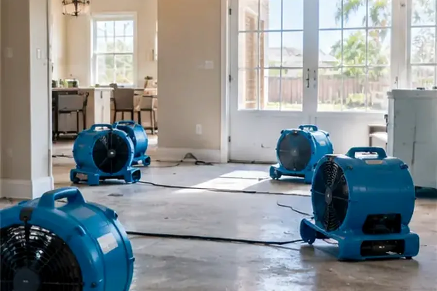 Professional air movers operating during structural drying inside a water-damaged room