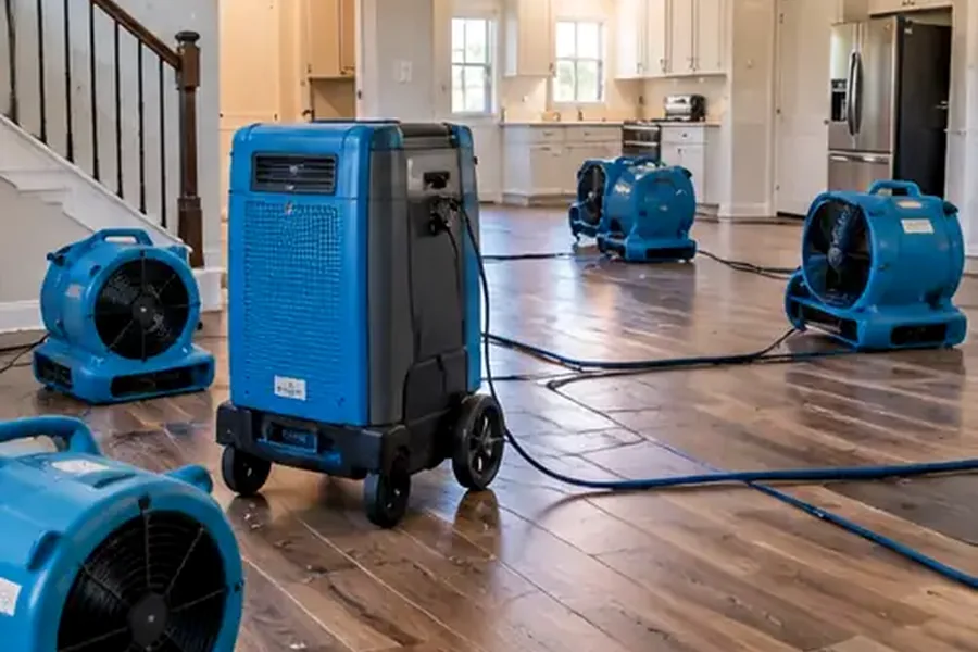 Water mitigation drying equipment operating in a residential room
