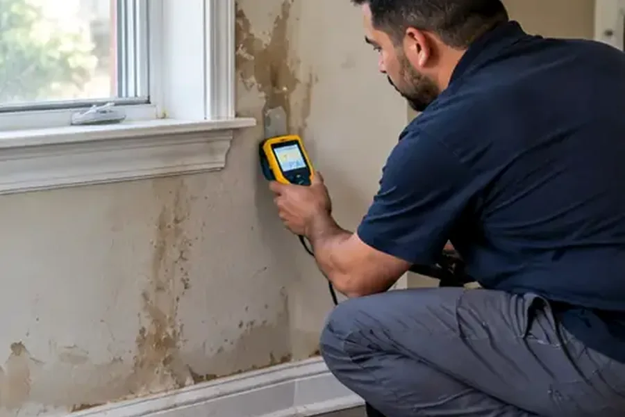 Restoration technician assessing moisture and damage inside a residential property
