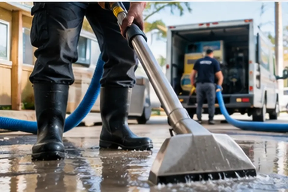 Technician using professional extraction equipment to remove water from an affected home interior