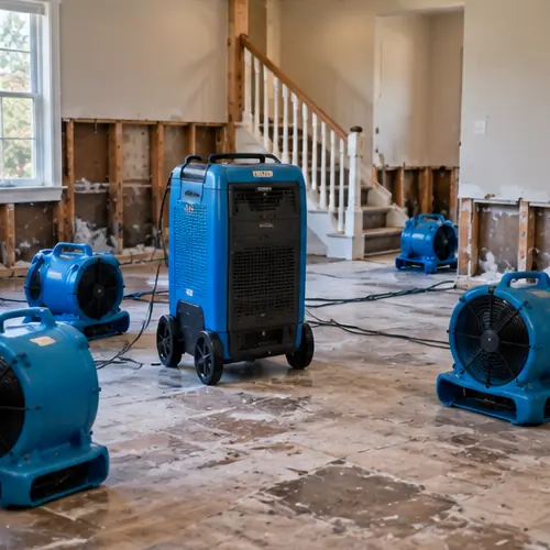 Air movers and dehumidification equipment drying a flood-affected residential interior