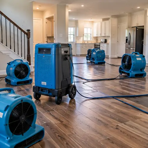 Technician inspecting moisture after water mitigation in a residential property