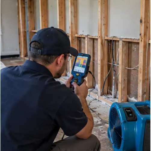Professional water removal equipment positioned in a water-damaged residential room