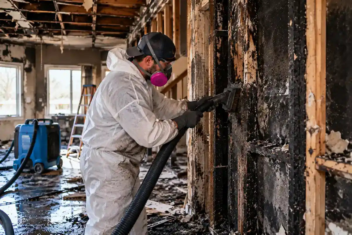 Professional restoration technician cleaning a fire-damaged interior in Oxnard