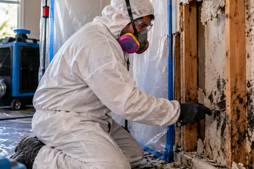Mold remediation technician working inside a contained residential area