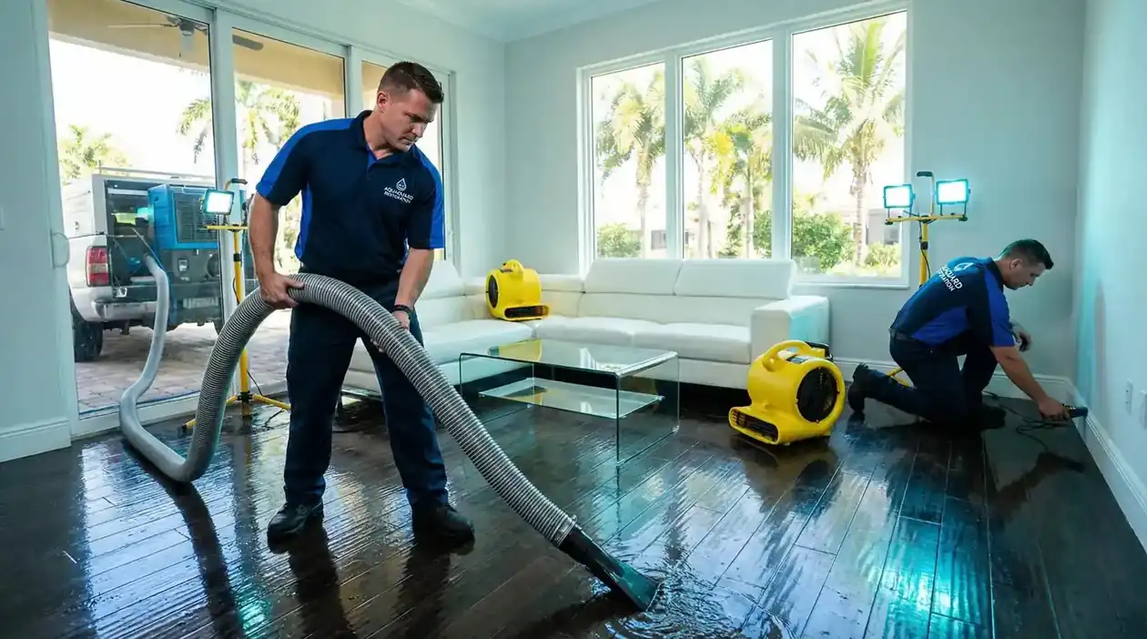 Water extraction work inside a residential living room with drying equipment in place