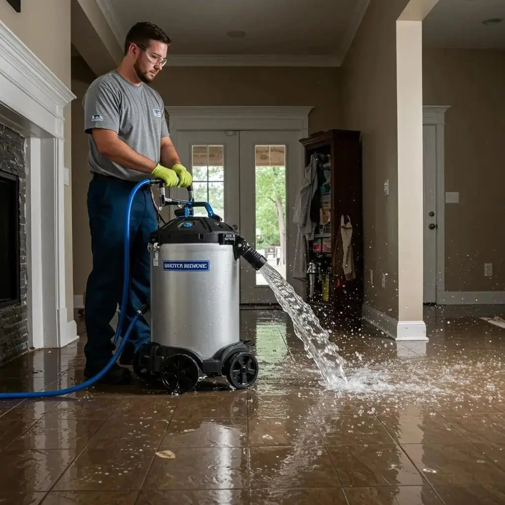 Technician removing standing water from a residential property during restoration