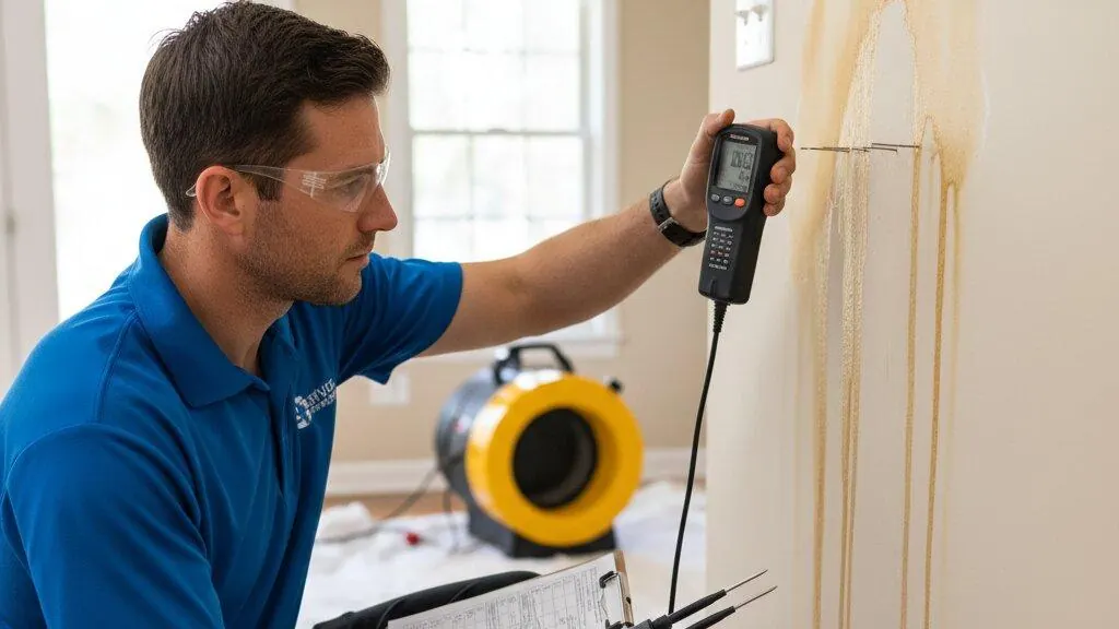 Technician checking moisture levels in a water-damaged interior wall